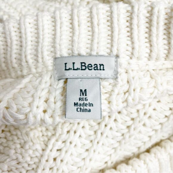 LL Bean Ivory Cable Knit Sweater Button Shoulder Fisherman Pullover Size Medium - Picture 11 of 15